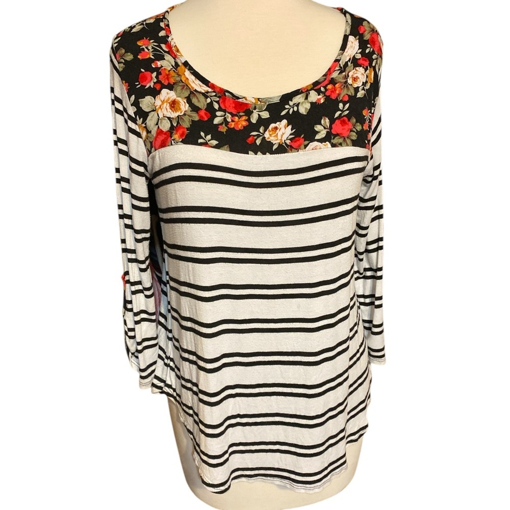 Lelis Floral and Striped Women's Top small black white stripe